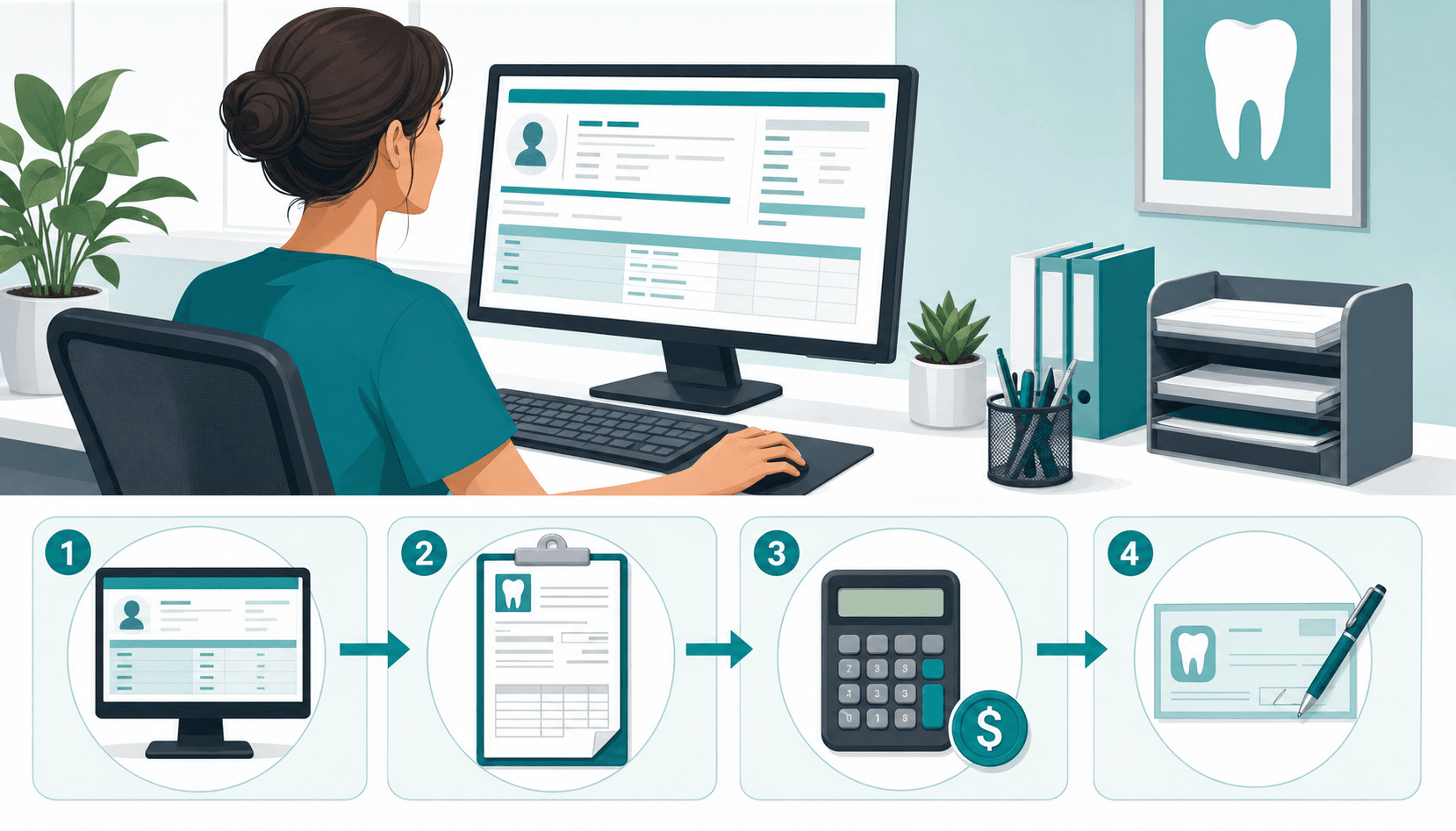 A clean, professional illustration of a dental office workflow showing a biller at a desk working through a step-by-step process: computer screen displaying patient account information, insurance claim documents, calculator showing payment amounts, and a deposit slip. Use a modern flat design style with dental office colors like teal and white, showing the sequential nature of the workflow with subtle arrows or numbered indicators, no text or letters