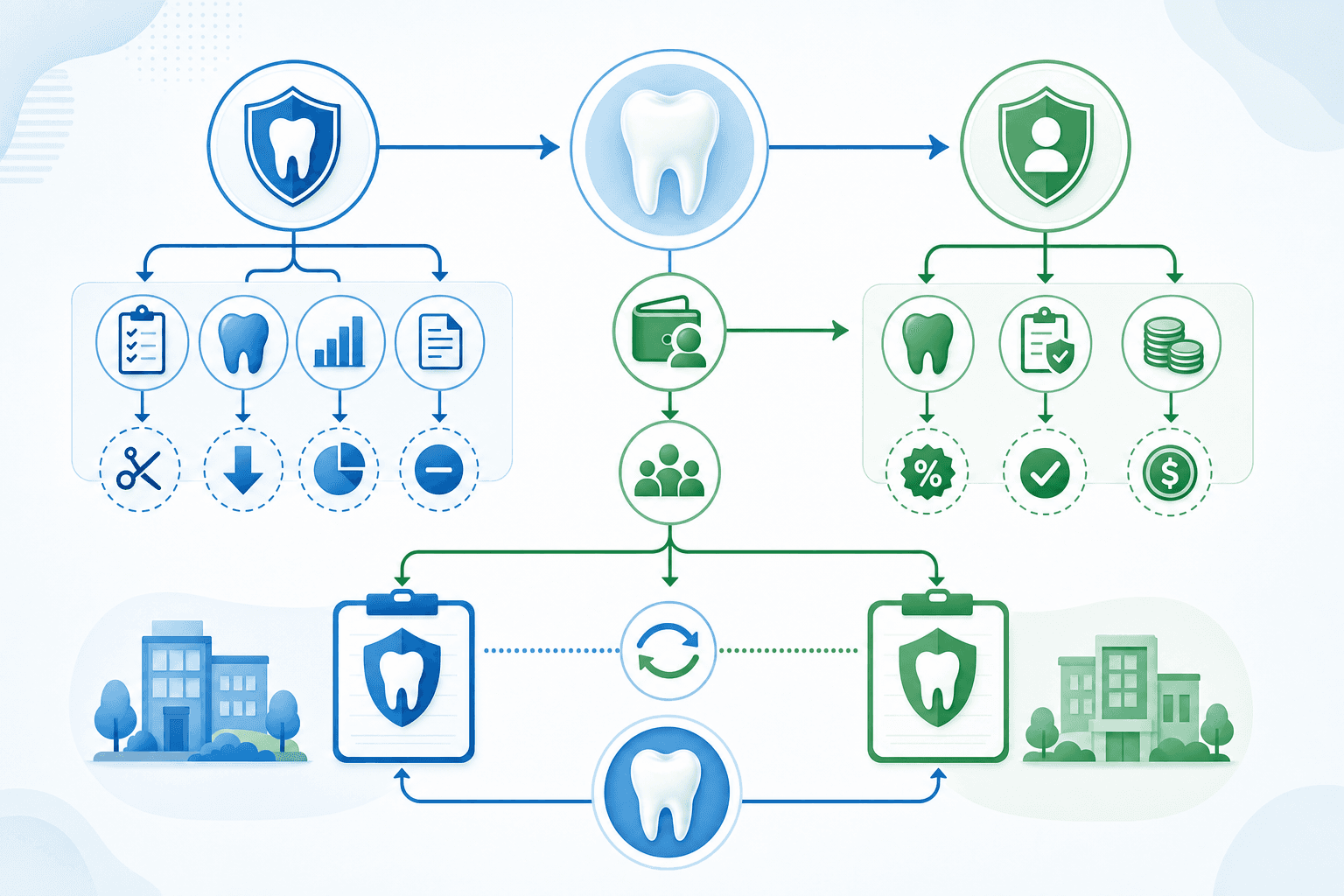 A modern infographic-style illustration showing dental insurance adjustment workflows, with visual flowchart elements depicting PPO write-offs, patient responsibility, and coordination of benefits between primary and secondary insurance, clean professional design with icons representing different adjustment categories, blue and green color scheme, no text or letters