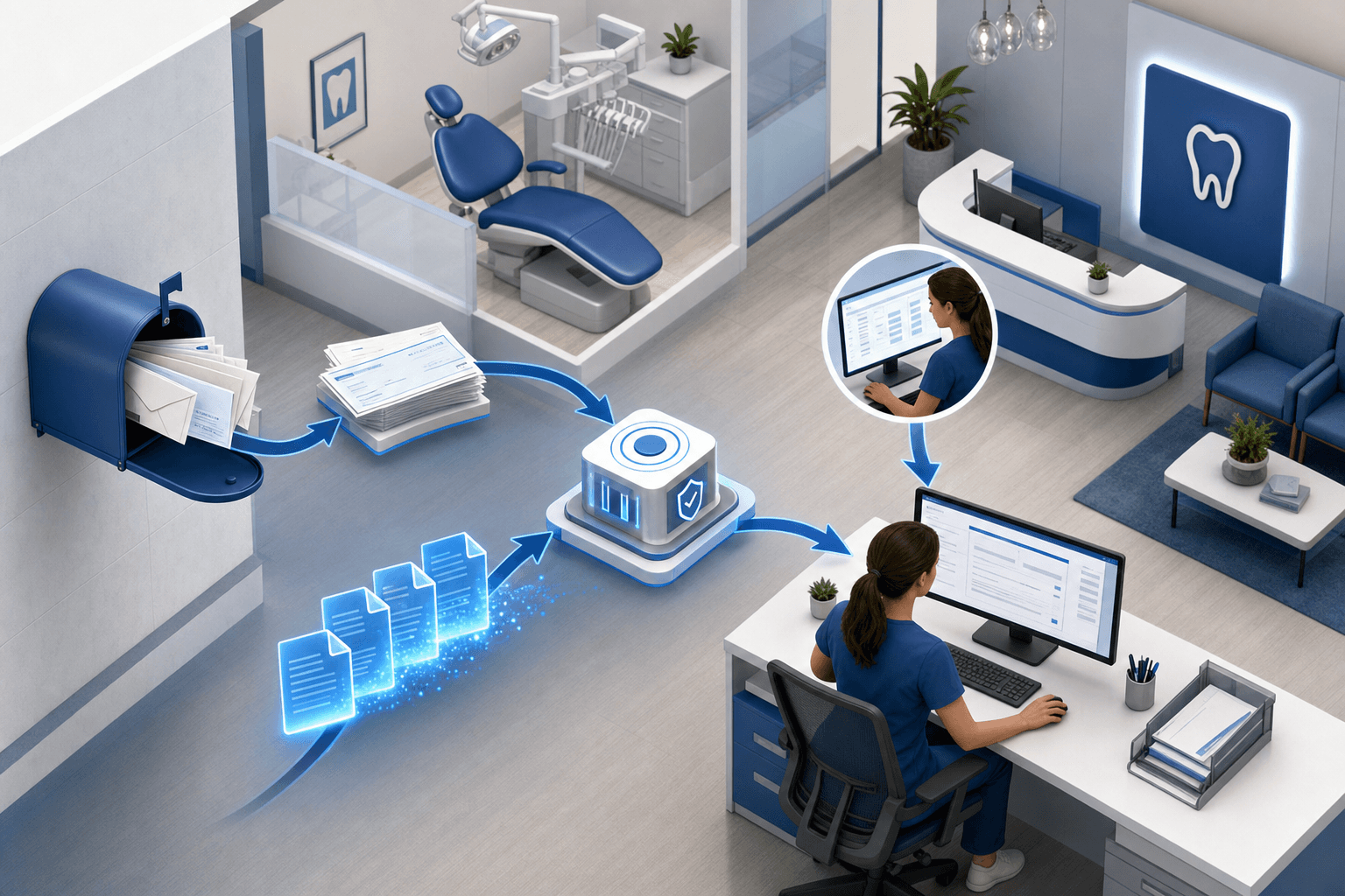 Dental practice office workflow showing three channels of insurance payment processing: paper checks arriving in mail, digital ERA files flowing through computer system, and staff member at desk reviewing insurance payer portal on monitor screen, modern dental office environment, clean professional healthcare setting, blue and white color scheme, isometric perspective showing payment document flow