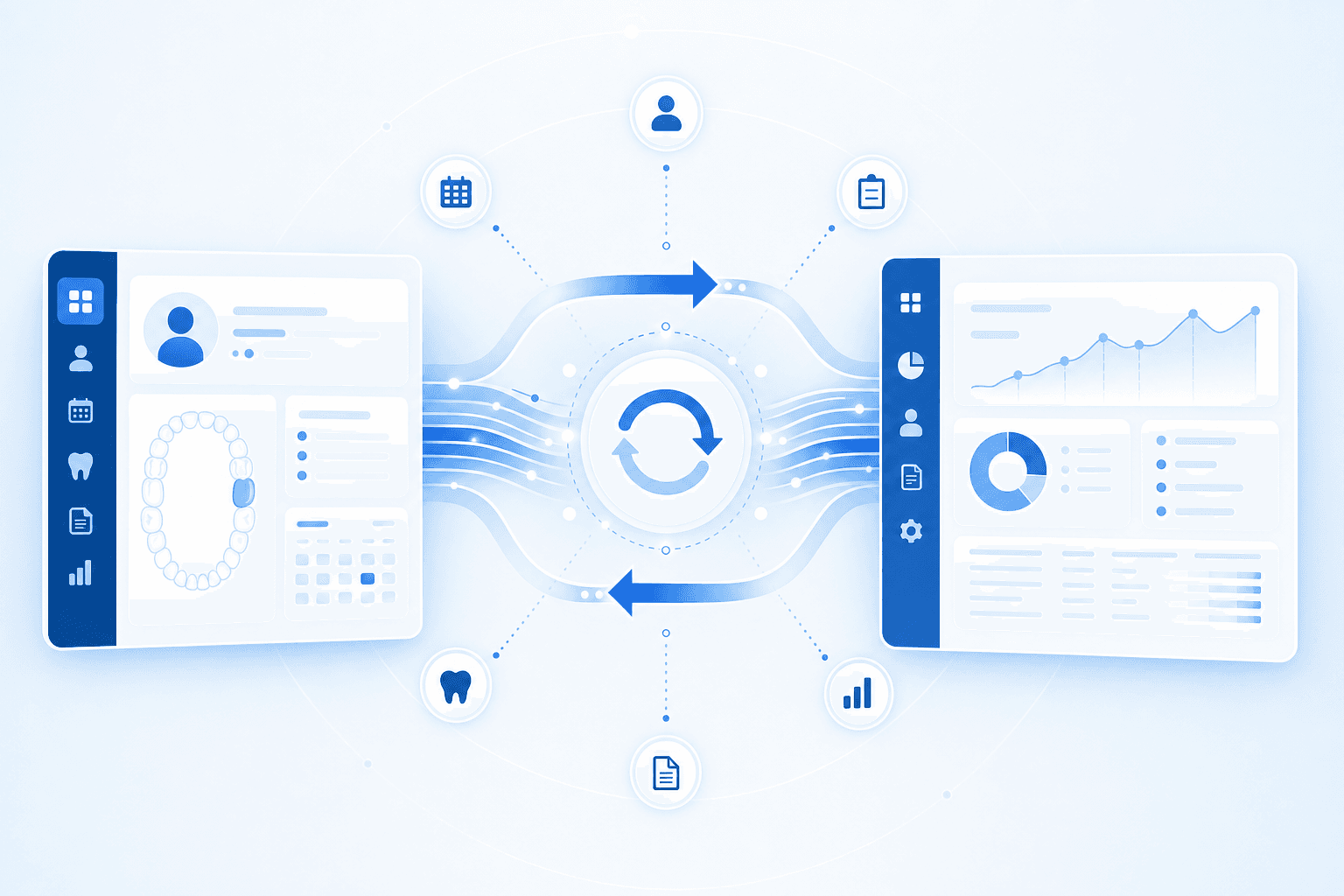 Modern digital illustration showing dental practice management software integration concept, with abstract representation of data flowing bidirectionally between two software systems, clean connected nodes and arrows indicating synchronization, professional healthcare technology aesthetic, blue and white color scheme, minimalist design
