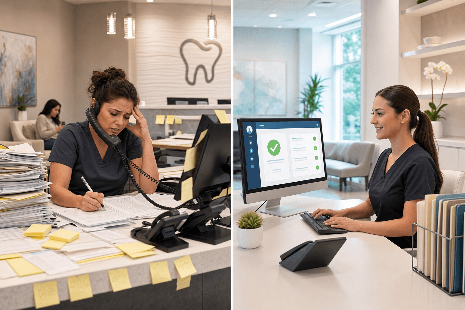 A modern dental office front desk workspace showing a split comparison: on one side a stressed receptionist juggling multiple phone calls with headset and hold music waiting, stacks of insurance forms and sticky notes; on the other side a calm receptionist at a clean desk using a computer with automated software displaying instant eligibility results on screen, organized digital workflow, professional healthcare office setting, clean and bright lighting