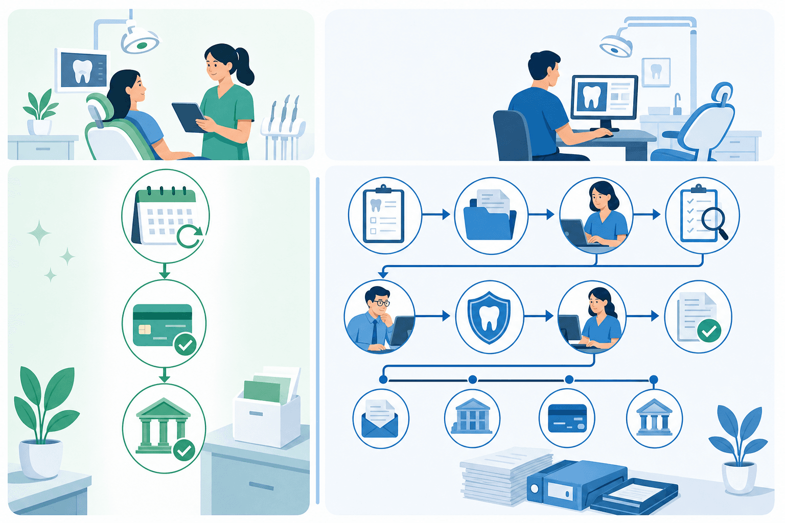 A modern professional illustration showing two parallel dental office workflows side by side. Left side depicts a streamlined simple process with a calendar showing monthly recurring payments and minimal paperwork. Right side shows a detailed multi-step claims process with forms, review stages, and payment timeline. Use clean flat design style with blue and green color palette, dental office icons, document symbols, and process flow arrows. No text or letters.
