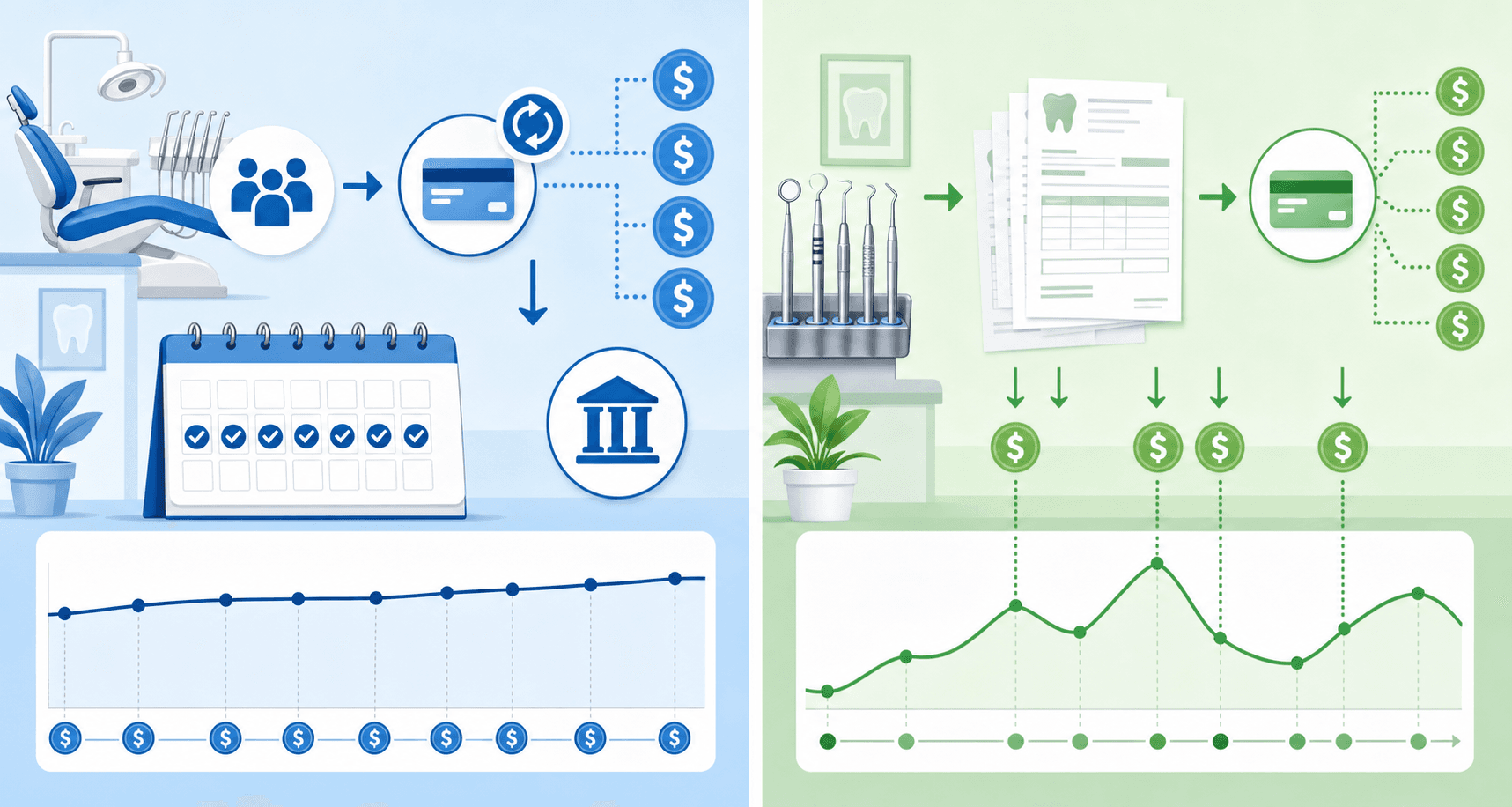 A clean, professional split-screen illustration comparing two dental practice revenue models. Left side shows a steady monthly recurring payment stream with a calendar and consistent cash flow graph. Right side shows individual procedure-based payments with claim forms and variable payment timeline. Use modern flat design with blue and green color palette, icons of dental tools, payment symbols, and flow charts. No text or letters.