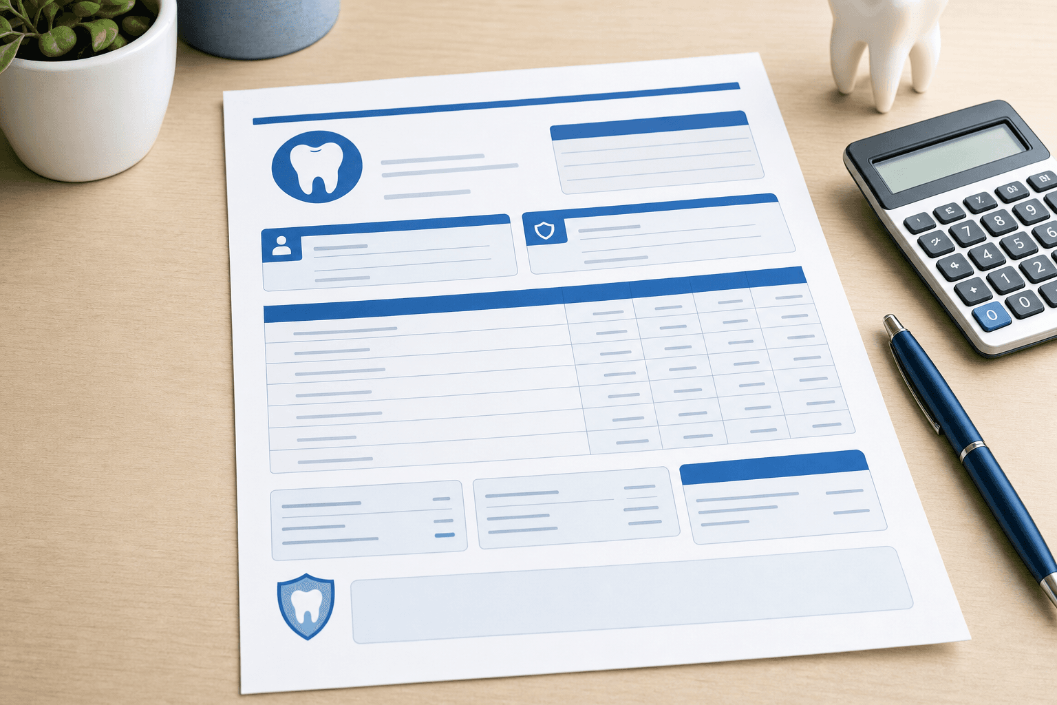 A clean, professional illustration of a dental insurance EOB (Explanation of Benefits) document layout on a desk with a calculator and pen nearby, showing structured fields and line items in an organized format, modern healthcare office setting, soft lighting, blue and white color scheme