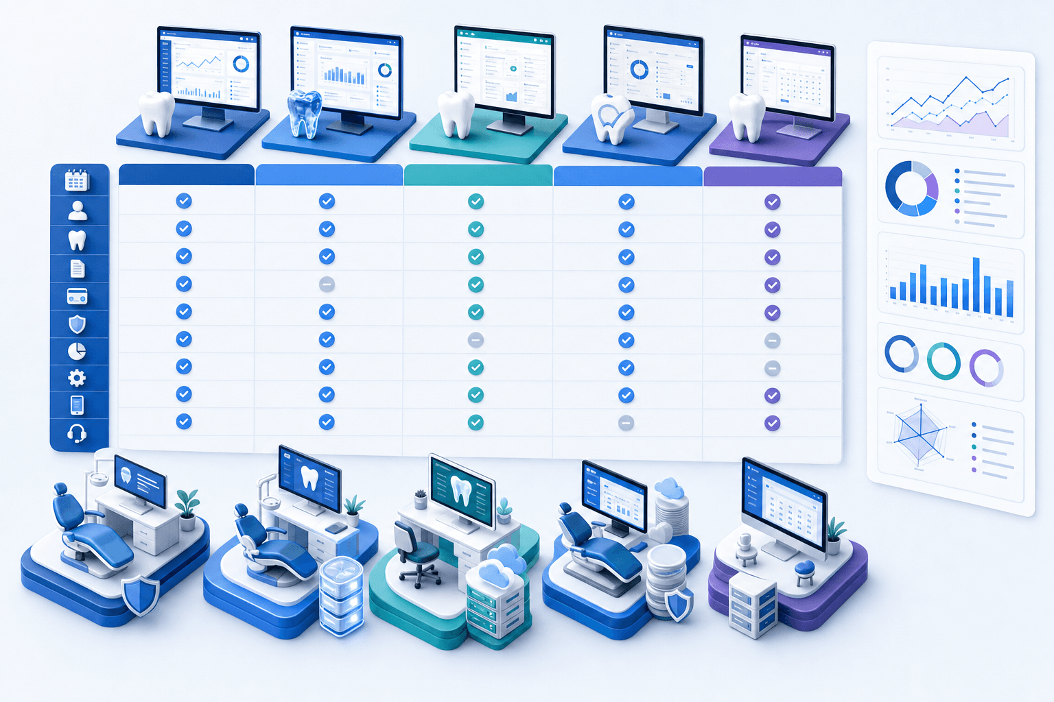 Professional side-by-side comparison visualization showing multiple dental software platforms being evaluated, modern dashboard interfaces with checkmarks and feature indicators, clean blue and white color scheme, isometric view of digital dental billing systems with performance metrics and evaluation criteria, no text or letters
