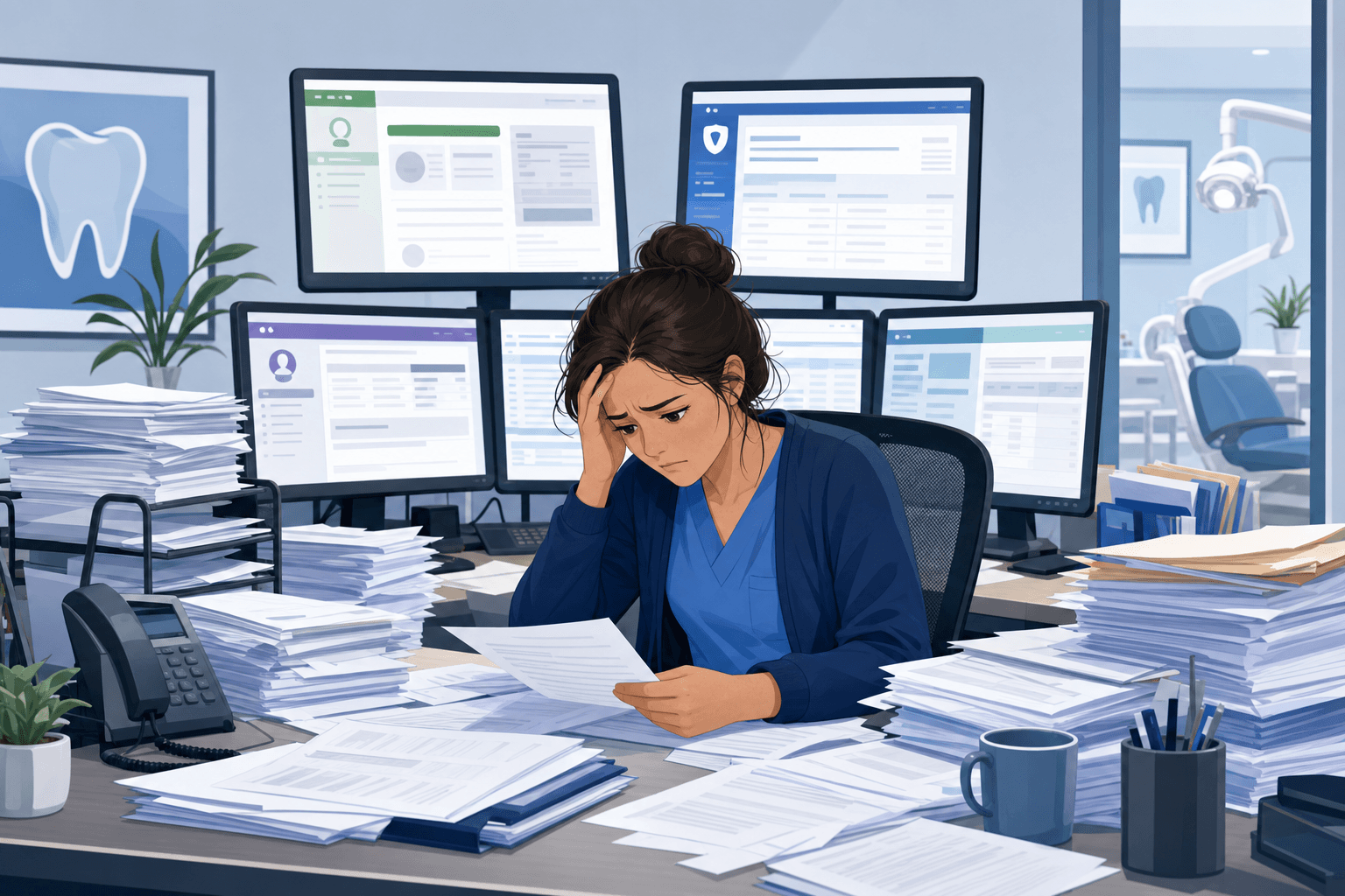 A clean, professional illustration showing a stressed dental office billing specialist at a desk surrounded by multiple computer screens displaying different insurance payer portals, with stacks of paperwork and documents piling up around them. The scene conveys workflow overwhelm and administrative burden in a modern dental practice office setting. Soft blue and gray color palette, modern flat illustration style, no text or words visible.