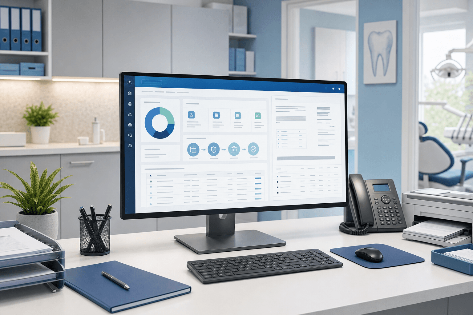 Modern dental office back-office workspace showing a computer dashboard with insurance claim workflows, EOB documents, and payment processing systems, clean professional aesthetic, soft blue and white color scheme, dental practice management interface visible on screen, organized desk environment