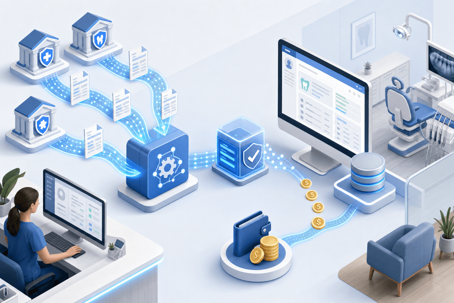 Modern dental office workflow illustration showing automated payment processing system, with digital EOB documents flowing from insurance companies through computer software into a practice management system, clean professional healthcare technology aesthetic, soft blues and whites, isometric style