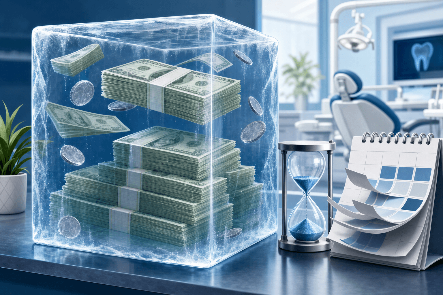 A professional illustration showing stacks of money or cash being frozen or trapped behind a transparent barrier or suspended in time, representing working capital tied up in unprocessed payments. Include visual elements like a calendar showing days passing, and dollar bills or coins in a suspended state. Use clean, modern business illustration style with blues and greens, conveying the concept of cash flow delays and frozen capital in a healthcare or dental office context. No text or numbers.