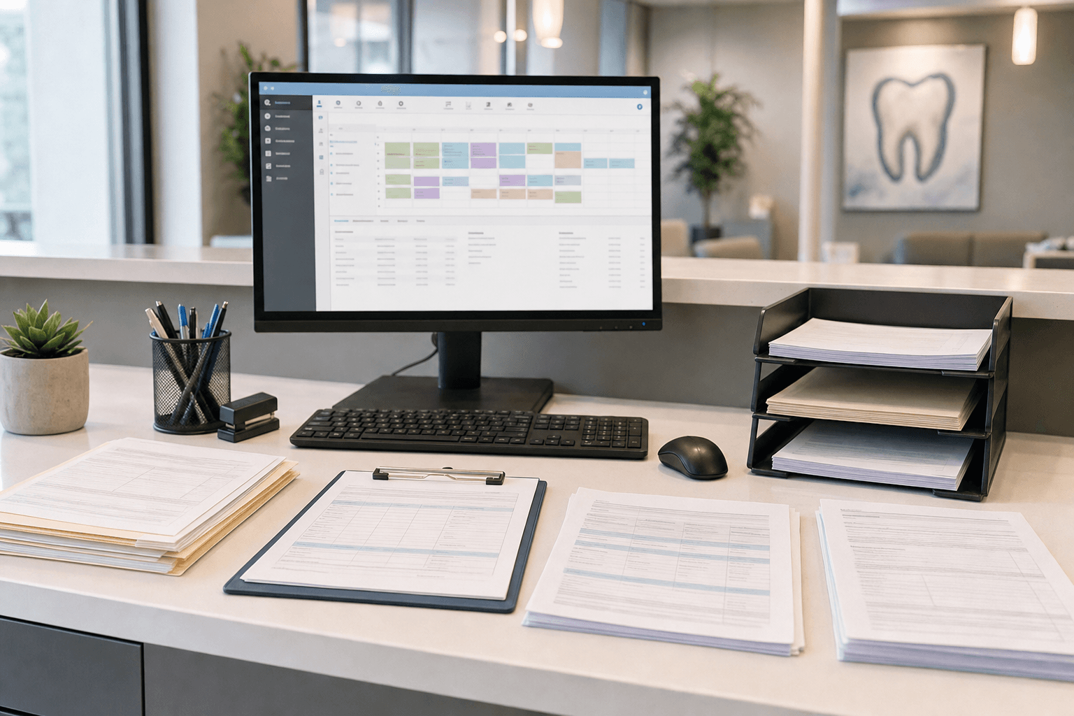 A clean, modern dental office front desk workspace showing a computer monitor displaying dental practice management software, with organized paperwork including insurance forms and EOB documents neatly arranged on the desk. The scene includes a keyboard, mouse, and professional office supplies in a bright, well-lit environment. Photorealistic style with soft lighting and professional atmosphere.