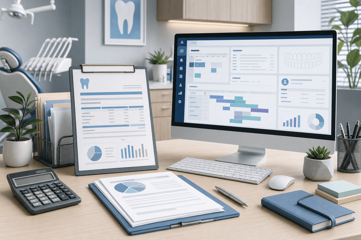 A clean, professional illustration of a dental office workflow showing an explanation of benefits document on a desk next to a computer monitor displaying dental practice management software. The scene includes organized paperwork, a calculator, and a modern office setting with soft lighting. The style should be modern, slightly abstract, with a focus on healthcare administration and digital workflow. No text or letters visible.