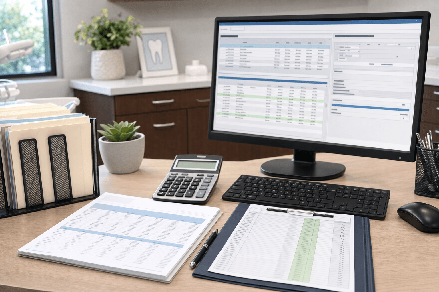 A clean, organized desk workspace showing a bank statement document next to a computer monitor displaying financial reconciliation software with matching payment entries and totals. Professional dental office setting with a calculator, organized files, and payment records being cross-referenced. Photorealistic style with soft, professional lighting emphasizing accuracy and organization.
