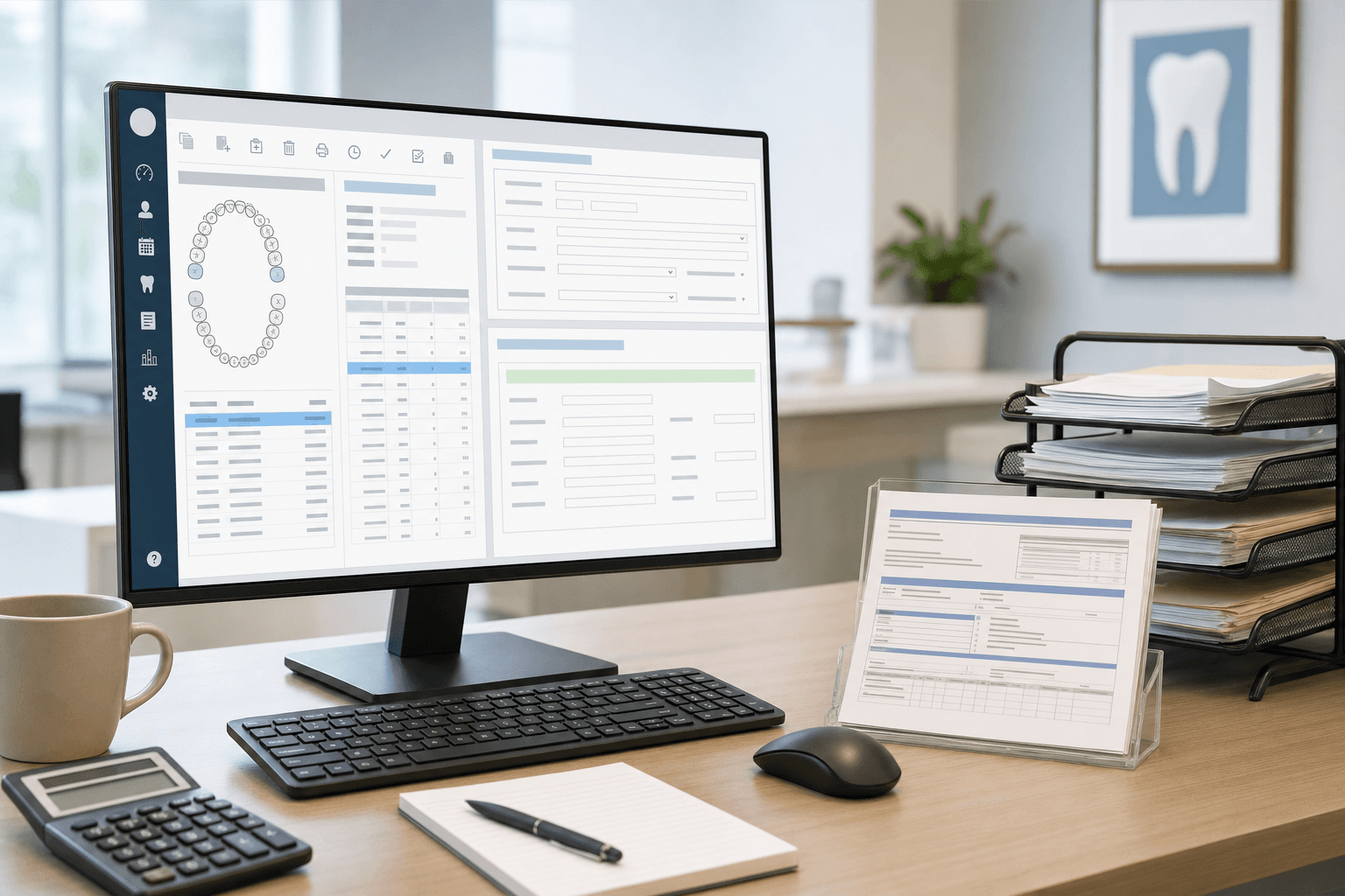 A clean, modern dental office administrative workspace showing a computer monitor displaying dental practice management software interface with claim details and payment entry fields, keyboard and mouse on desk, organized paperwork including insurance EOB forms in the background, professional lighting, realistic style, focus on the workflow and technology