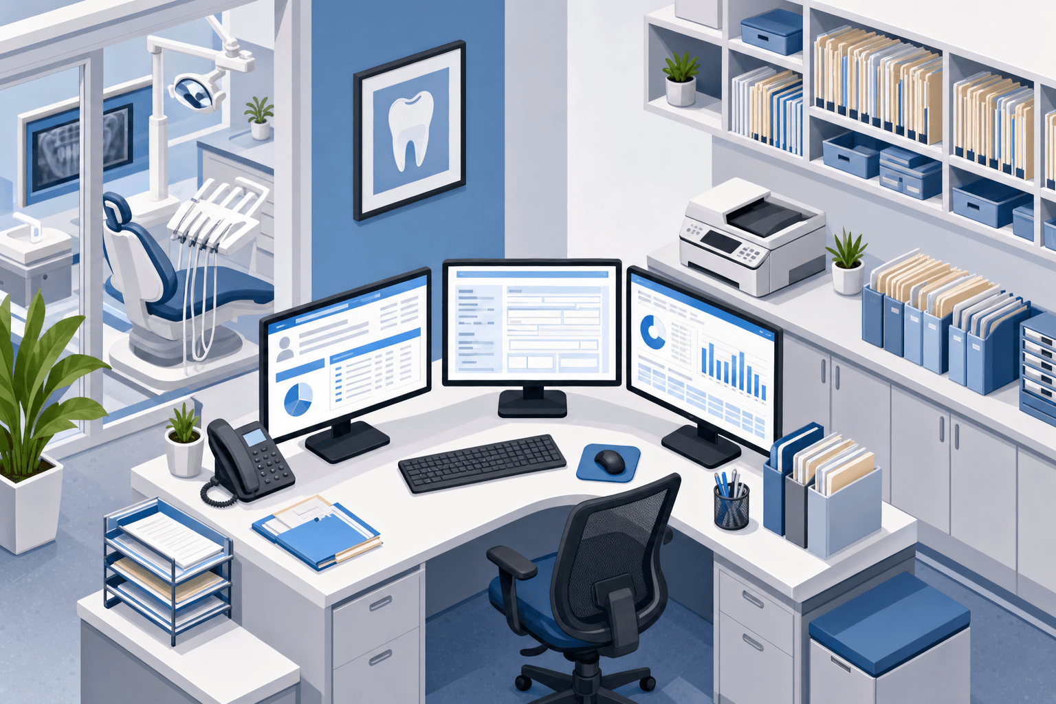 Modern dental office back-office workspace showing a computer workstation with multiple monitors displaying insurance claim forms and payment data, organized filing system in background, clean professional healthcare setting with blue and white color scheme, isometric illustration style, no text or letters visible