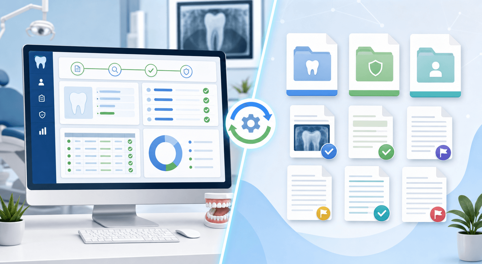 A modern, clean illustration showing a split-screen comparison of automated dental billing workflow. On one side, a computer screen displaying structured data fields and checkmarks representing automated claim processing. On the other side, organized digital documents with clear categorization and flagging icons. The scene should convey intelligent automation and efficiency in a dental office setting. Use a professional color palette of blues, greens, and whites. No text, words, or letters in the image.