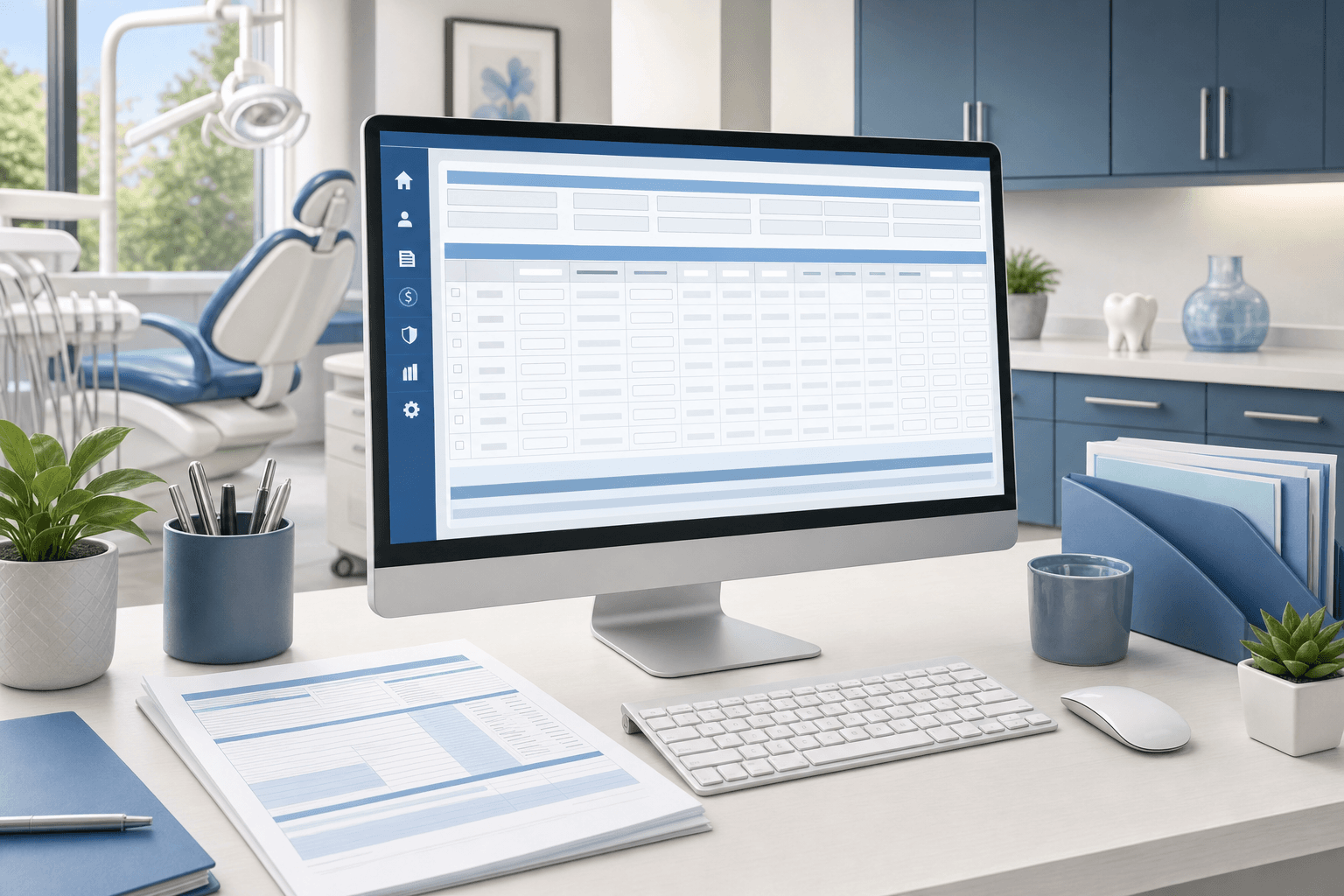A clean, professional illustration of a dental practice office desk with a computer screen displaying a payment posting grid interface, showing organized rows and columns for entering insurance claim data, with a printed EOB document beside the keyboard, modern healthcare office environment, soft blue and white color scheme, organized workspace