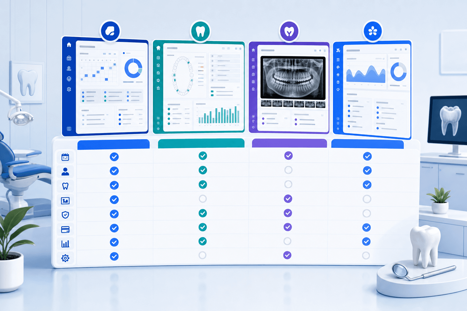 Professional comparison visualization showing dental practice software evaluation, multiple software platforms represented by abstract interface screens or dashboards side by side, clean modern aesthetic, blue and white color scheme, checkmarks and feature indicators, dental office technology theme, isometric or flat design style