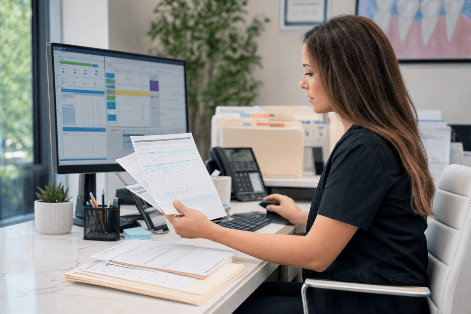 Professional dental office administrator at a modern desk working on a computer with dental practice management software visible on screen, reviewing insurance documents and EOB forms, clean bright office environment, organized workspace with dental charts and folders, realistic photography style, natural lighting