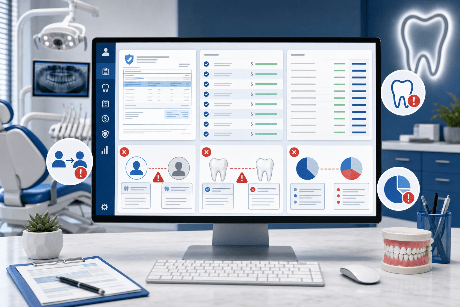 Modern dental office billing workflow illustration showing a computer screen with electronic explanation of benefits documents, payment records, and a practice management system interface. Include visual elements representing common posting errors: mismatched patient accounts, wrong procedure codes, and adjustment miscategorizations. Clean, professional style with dental office setting in the background, using blue and white color scheme.