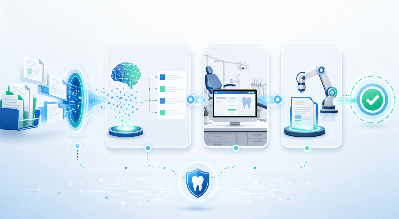 A modern, clean illustration of an automated dental billing software system showing a digital workflow pipeline. The image should depict a streamlined process with electronic documents flowing through different stages: digital EOB files being ingested, data parsing with AI elements, automatic integration into dental practice management software, and automated posting. Use a professional color scheme with blues and greens, showing interconnected digital nodes, data streams, and automation symbols. Modern, minimalist style with no text or letters visible. Focus on conveying efficiency, technology, and automated processes in a healthcare/dental office context.