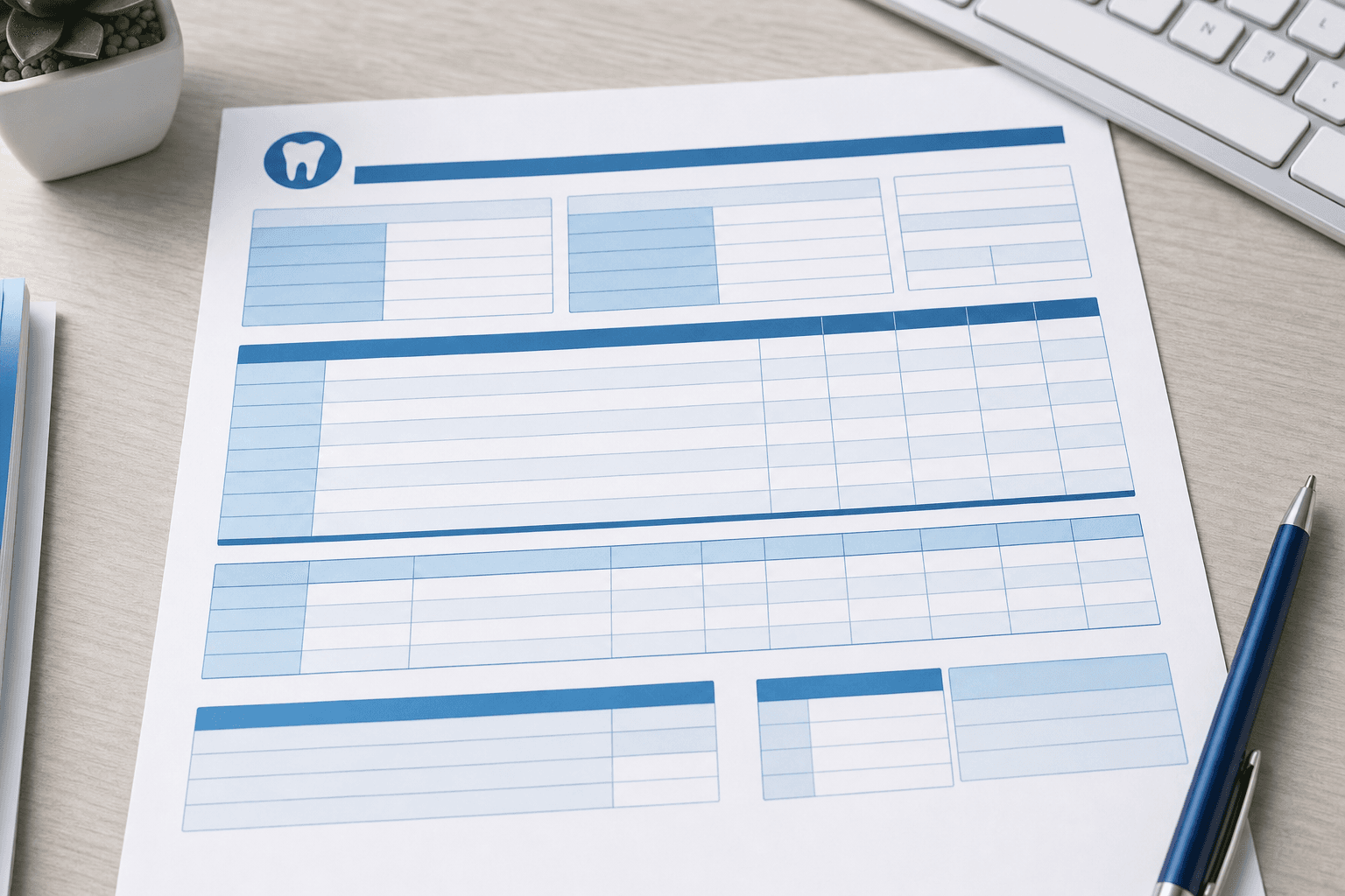 A detailed close-up view of a dental insurance Explanation of Benefits (EOB) document on a desk, showing organized data fields and line items with procedure codes, payment amounts, and adjustment columns. Clean, professional healthcare office setting with soft lighting. The document should look realistic but contain no readable text or numbers - just the visual structure of forms with rows, columns, and data fields. Include a computer keyboard partially visible and perhaps a pen nearby. Modern, clinical aesthetic with blue and white color scheme.