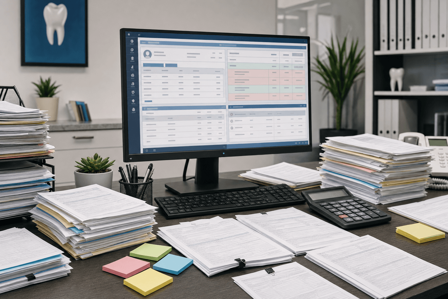 A professional illustration of a dental office billing workflow showing a desk cluttered with paper EOB documents, a computer screen displaying a practice management system interface with patient ledgers and claim details, a calculator, and sticky notes with payment amounts. The scene should convey the complexity and manual nature of processing insurance explanations of benefits, with multiple stacks of documents suggesting high volume and potential for errors. Modern office setting with clean, professional style. No text or letters visible.