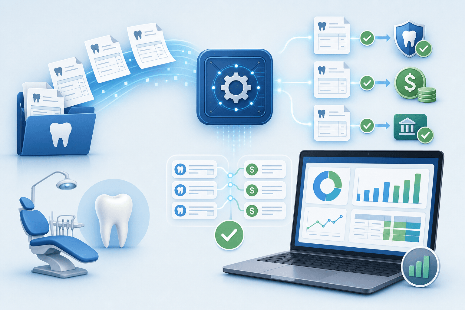 A clean, modern illustration showing dental insurance workflow automation: digital documents flowing through a system with checkmarks and currency symbols, EOB forms being processed, payment matching visualization, and a computer dashboard displaying reconciliation data. Professional healthcare technology aesthetic with blues and greens, no text or letters.