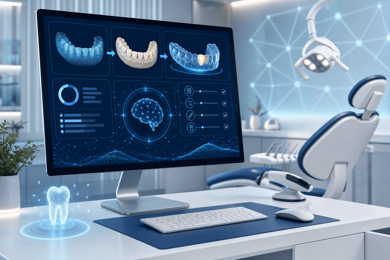 A modern dental office computer workstation showing automated digital workflow, with a sleek monitor displaying colorful data dashboards and automated processing indicators, artificial intelligence concept with subtle geometric patterns, clean professional healthcare technology environment, soft blue and white color scheme, abstract representation of automation without any text or letters