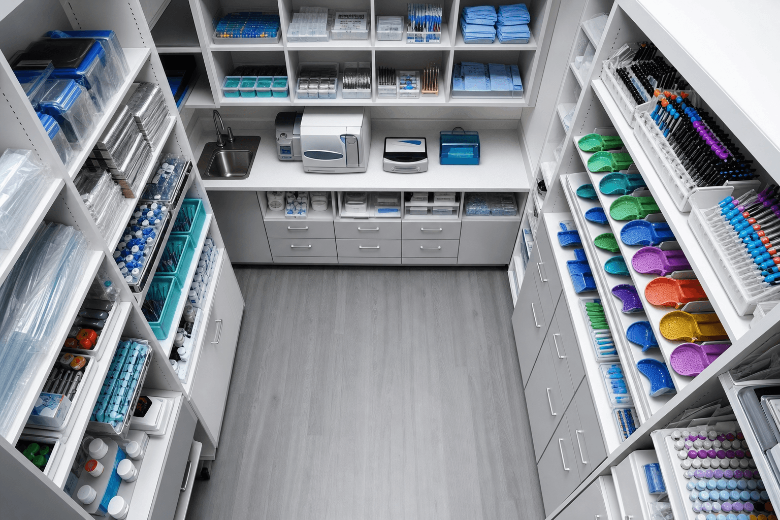 Dental supplies and materials organized on shelves in a modern dental office storage room, composite materials, impression trays, clinical supplies neatly arranged, overhead view, professional lighting, clean organized environment, photorealistic