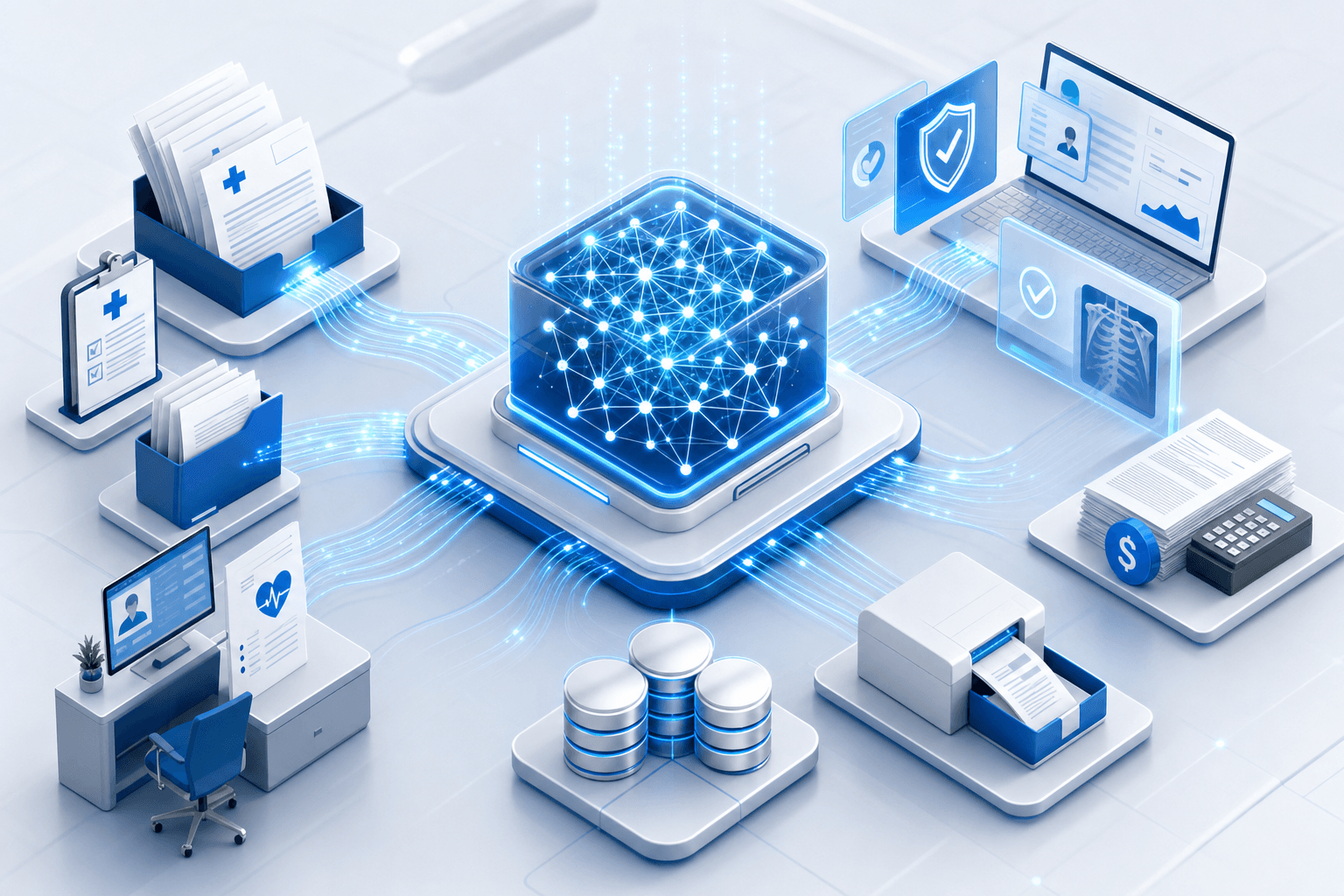 Modern artificial intelligence system processing healthcare insurance documents and medical billing data, digital interface with data streams flowing through neural network nodes, clean professional medical office technology aesthetic, blue and white color scheme, isometric perspective showing automated workflow