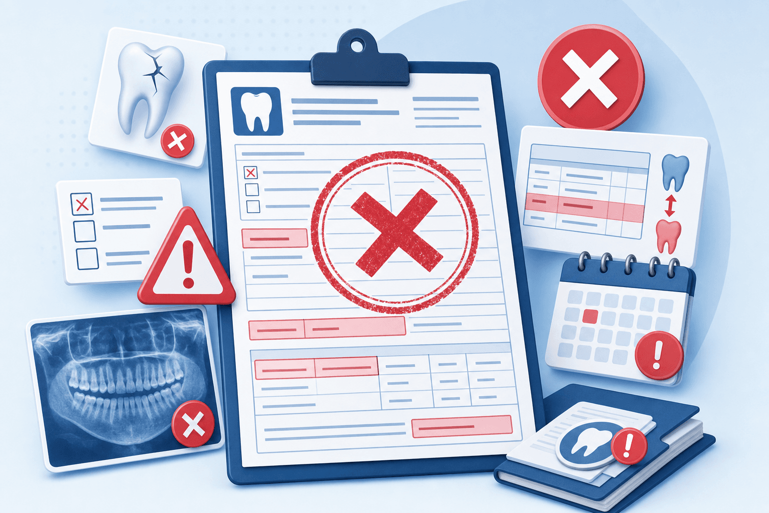 A professional illustration showing dental claim form rejection and denial scenarios, featuring a dental claim form with red rejection stamps, warning symbols, and error indicators. Include visual elements like incorrect checkbox marks, missing information fields highlighted in red, mismatched codes, and calendar icons showing missed deadlines. Modern, clean design in professional blue, red, and white color scheme suitable for healthcare business context.